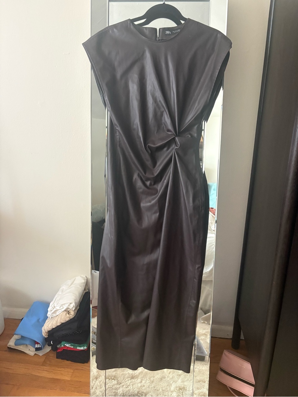 Zara Faux Leather Twist-Detail Midi Dress